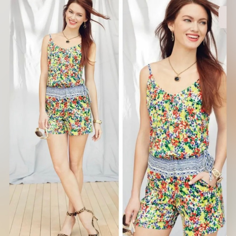 CAbi Bright Floral Printed Spaghetti-Strap Romper in Multi